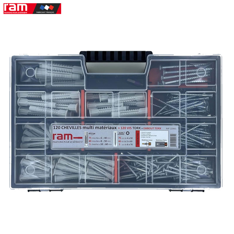 COFFRET 120 CHEVILLES MULTI MATERIAUX + 120 VIS A BOIS RAM