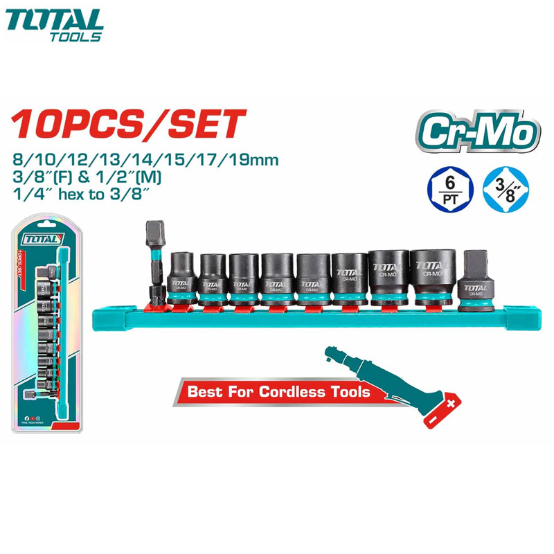 COFFRET CLE A DOUILLLE IMPACT CR-MO 3/8" 10PCS 8/10/12/13/14/15/17/19 + ADAP TOTAL