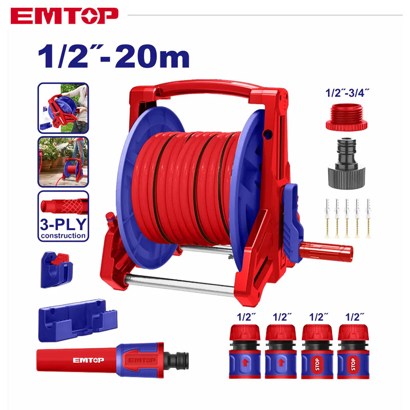 ENROULEUR MANUEL AVEC TUYAU ARROSAGE 1/2"X20M EMTOP