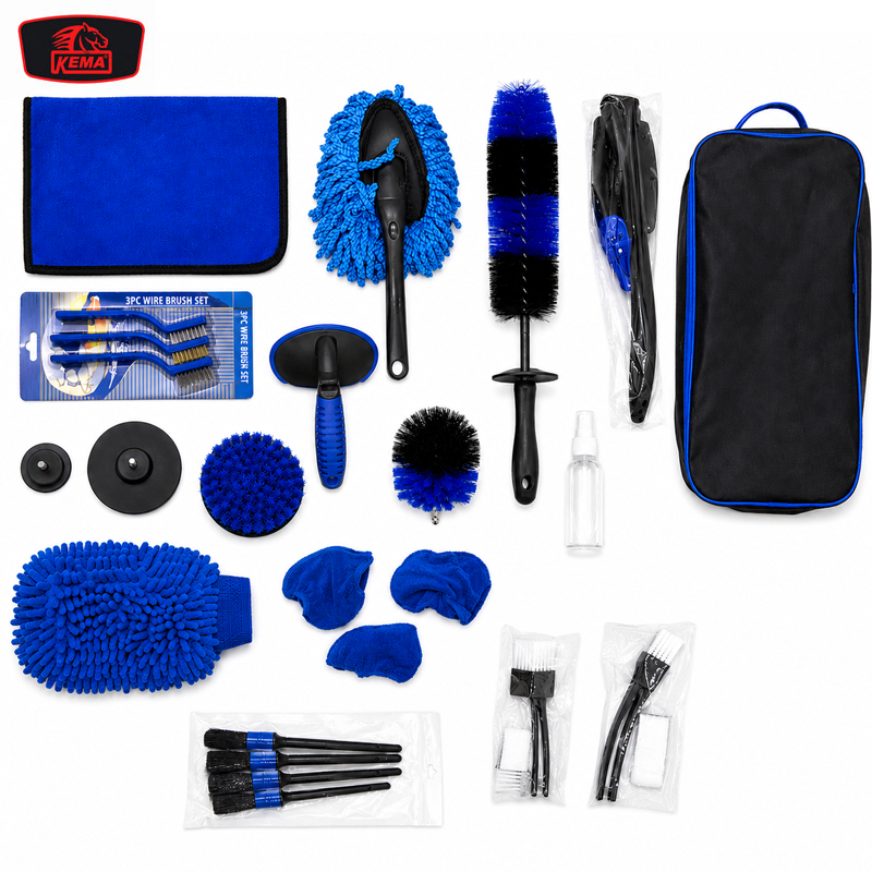 JEUX DE 25 BROSSES DE NETTOYAGE AUTO INTER / EXTER CUIR / TABLEAU / ROUES / JANTES KEMA
