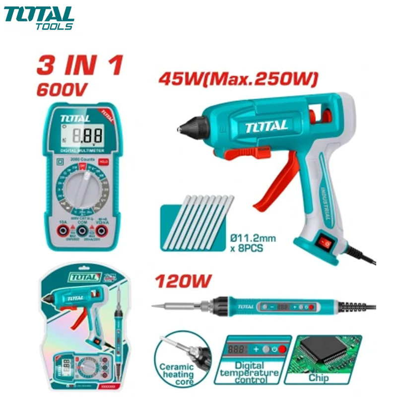 KIT ELECTRONICIEN PISTOLET COLLE 45W FER A SOUDER 120W & MULTIMETRE 600V TOTAL
