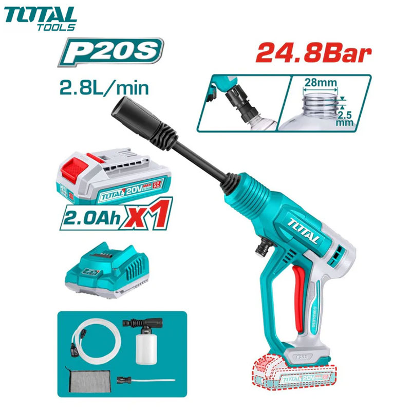 NETTOYEUR HAUTE PRESSION CHARG 20V AVEC CHARG & 1 BATTERIE 2.0Ah 2.8L/MIN AVEC ACC TOTAL