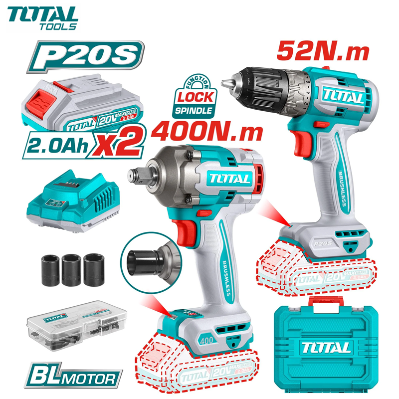 PACK 2EN1 VISSEUSE 52NM & BOULON 1/2" 400NM 20V AVEC ACCE & 1 CHARGEUR 2 BATTERIES 2.0AH TOTAL