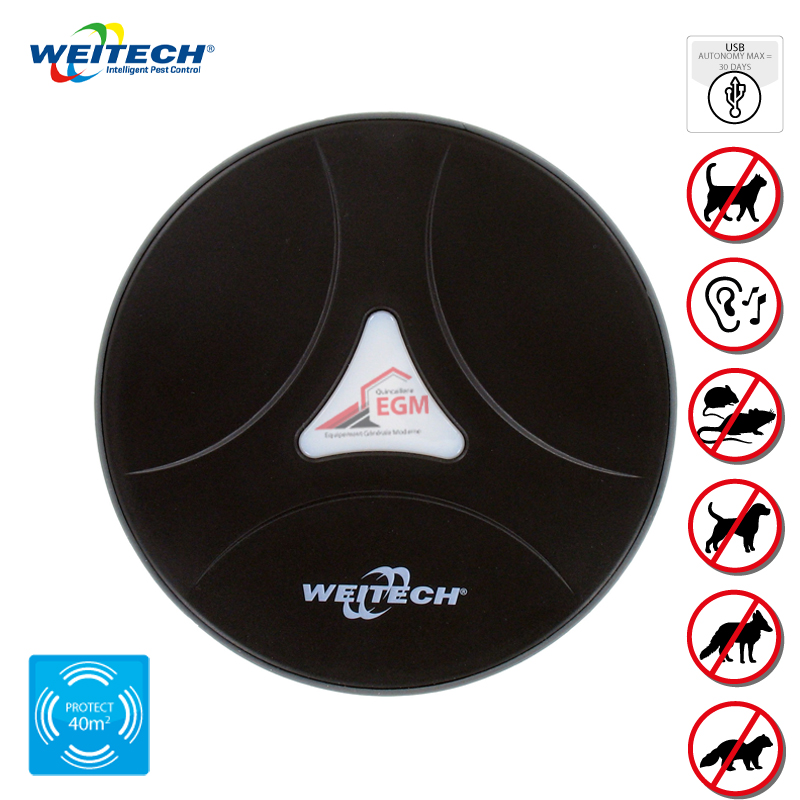 REPULSIF D'ANIMAUX 40M2 ETANCHE IP44 RECHARGEABLE USB WEITECH