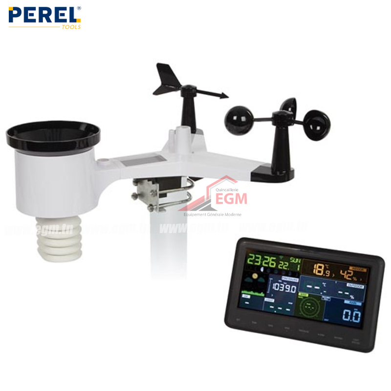 STATION METEO AVEC CAPTEUR EXTERIEUR WIFI.PREVISIONS METIO.PLUVIOMETRE.ANEMOMETRE A ECRAN COULEUR PEREL