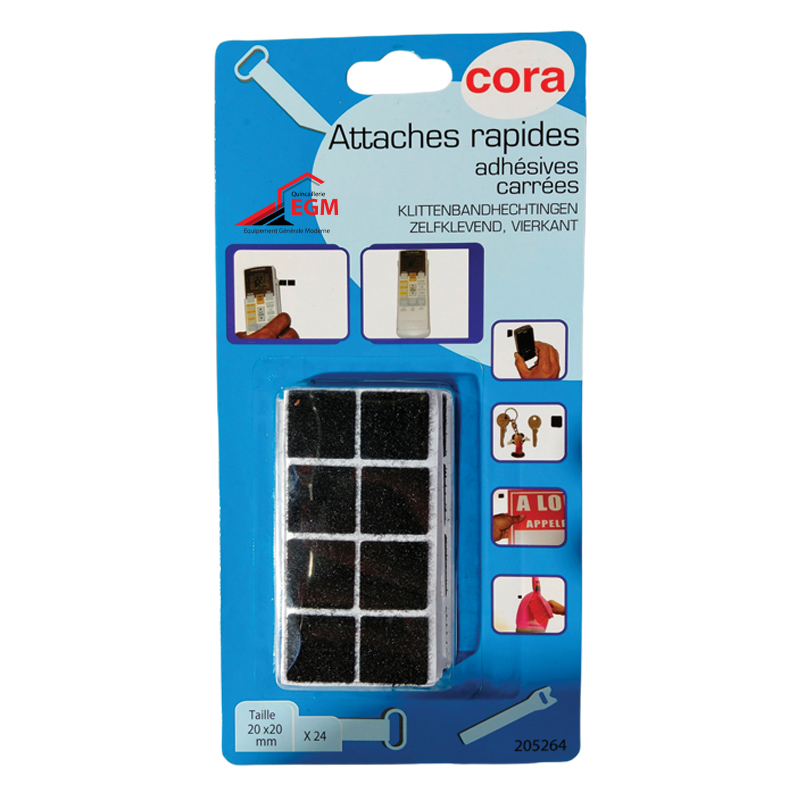 ATTACHES RAPIDES ADHESIVES CARRES 20X20 24PCS NOIR CORA