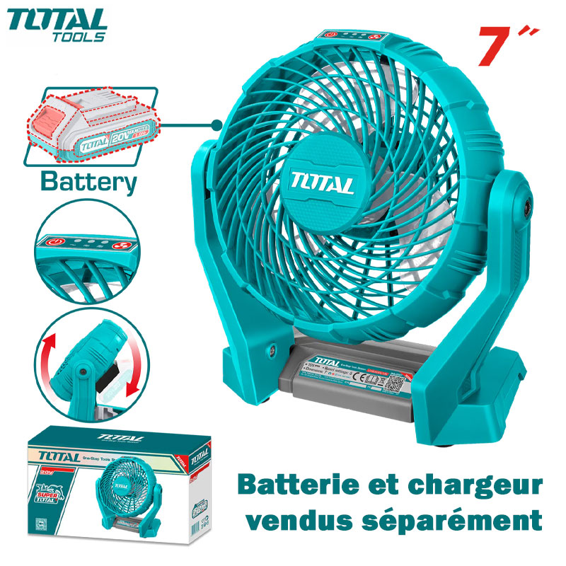 VENTILATEUR RECHARGABLE 180MM 20V 2 VITESSE 0-360° SANS CHARGEUR ET BATTERIE TOTAL