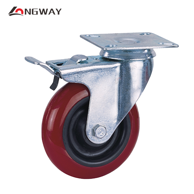 Roue pivotante rouge a frein en nylon avec noyau en PP roulement à rouleaux